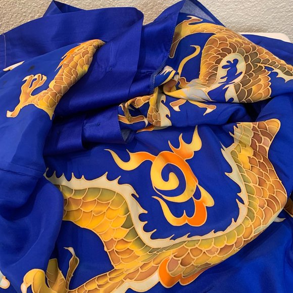 Beautiful blue silk kimono jacket with mandarin collar and golden dragon design - Picture 12 of 12